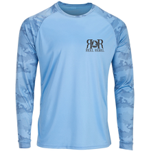 Load image into Gallery viewer, Reel Rebel Long Sleeve 50+ UPF Performance Shirt with Camo Sleeves