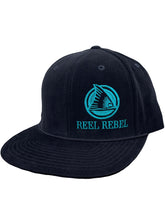 Load image into Gallery viewer, Black Corduroy 6 Panel Flatbill w/ Teal Side Logo

