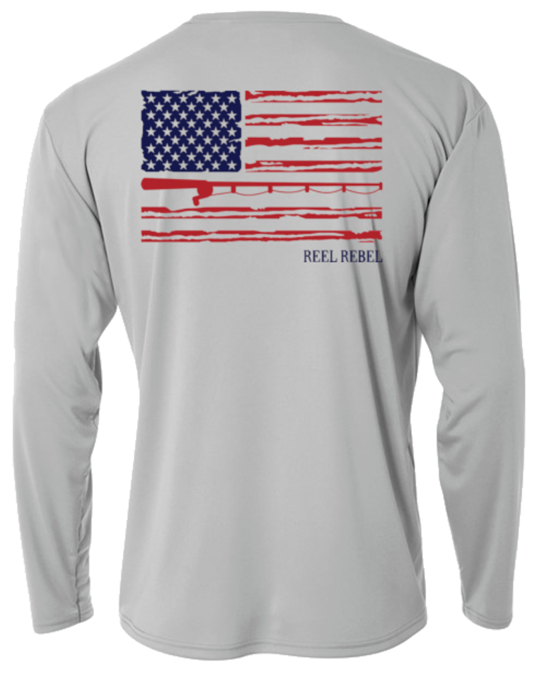 Reel Rebel Silver Long Sleeve 50+ UPF Performance Shirt with American Flag